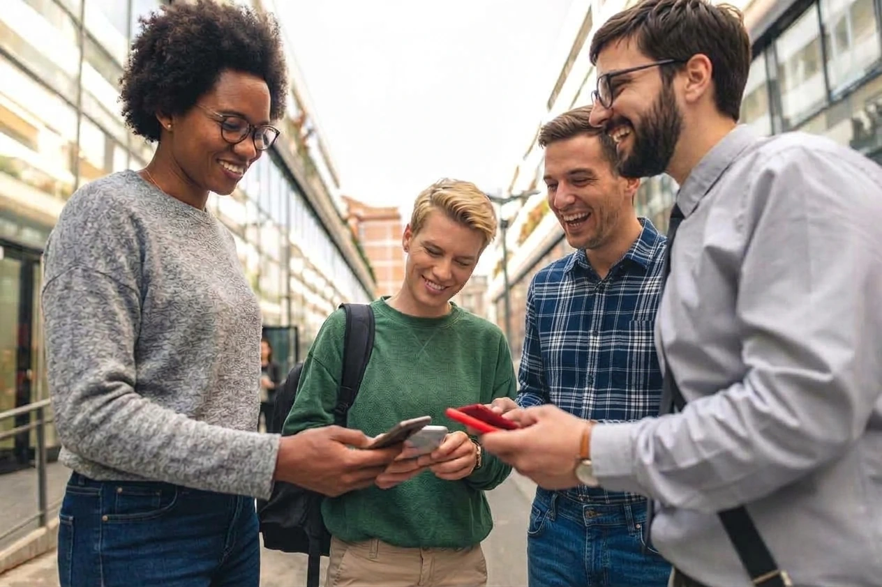 Diverse group of people smiling and connecting outdoors